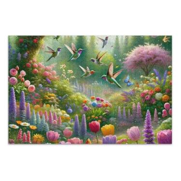 Imagem de Quebra-cabeça de 500 peças para adultos presentes de elefante branco paisagem engraçada quebra-cabeça arte brinquedo pintura primavera beija-flores jardim, 20,5 x 14,9 polegadas