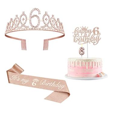 Imagem de Decorações de aniversário de 6 anos para meninas, incluindo faixa, coroa, vela numeral e topo de bolo, decorações de aniversário de 6 anos, suprimentos para lembrancinhas de festa em ouro rosa