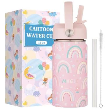 Imagem de Garrafa de água infantil com tampa de canudo - copo térmico de aço inoxidável isolado de 340 g, garrafa esportiva à prova de vazamento de boca larga mantém frio 12H e quente 6H para academia