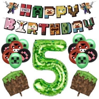 Imagem de Decorações de aniversário de 5 anos de videogame para meninos - Balões de faixa Pixel Happy Birthday com tema de mineiro verde de 101 cm número 5 balões de alumínio para 5º festa de jogos, decorações