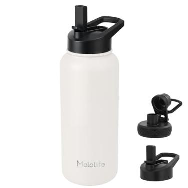 Imagem de Malalife Garrafa de água isolada de aço inoxidável, frasco grande, garrafa esportiva de boca larga a vácuo de parede dupla (mantenha frio 24H quente 12H) canudo e tampa de bico à prova de vazamento