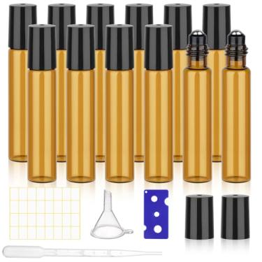 Imagem de Pacote com 12 frascos de rolo âmbar para óleos essenciais, frascos de rolo de vidro de 10 ml para viagens e brilho labial, frasco aplicador de esfera de perfume vazio com tampa, conta-gotas, funil