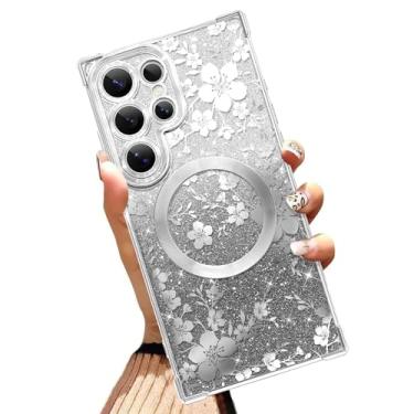 Imagem de Illians Capa magnética feita para Samsung Galaxy S25 Ultra 6,9 polegadas Glitter Capa de telefone com design floral prateado flor de cerejeira cantos reforçados TPU macio à prova de choque Bling capa
