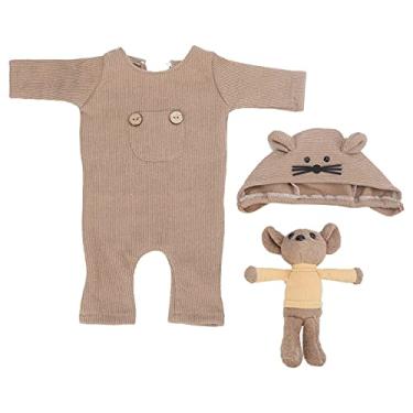 Imagem de SIWOTED Adereços para fotografia de bebê recém-nascido Chapéu Macacão Conjunto de brinquedos para bebês com desenhos animados Roupa para crianças (Chapéu+Boneca+Macacão)
