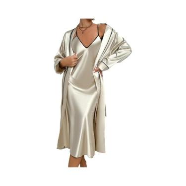 Imagem de Conjunto De Pijamas De Seda Luxuosa Feminina Com Robe De Manga Longa E