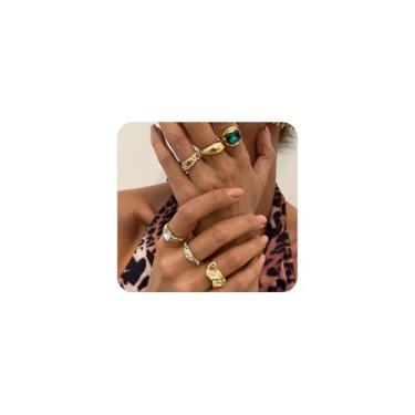 Imagem de Navirix Conjunto de anéis de declaração empilháveis de ouro grosso para mulheres irregulares de cristal martelado aberto joias modernas para festas de formatura e aniversário, Metal, Sem pedra