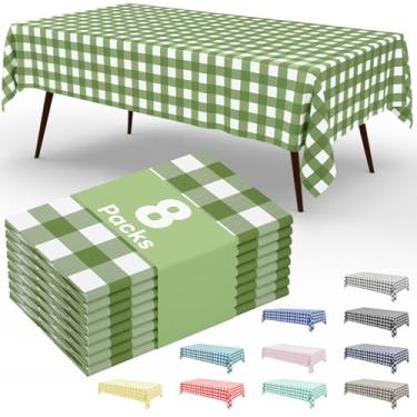 Imagem de Smiry 8 pacotes de toalhas de mesa descartáveis guingão, 137 x 272 cm, toalha de mesa de plástico impermeável, retangular, verde sálvia e branco, capas de mesa quadriculadas para piquenique