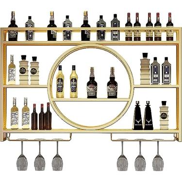 Imagem de Rack de exibição de vinho de metal montado na parede - moderno rack de vinho redondo, prateleiras flutuantes de unidade de bar industrial, suporte de exibição de ferro para casa, restaurante, bares