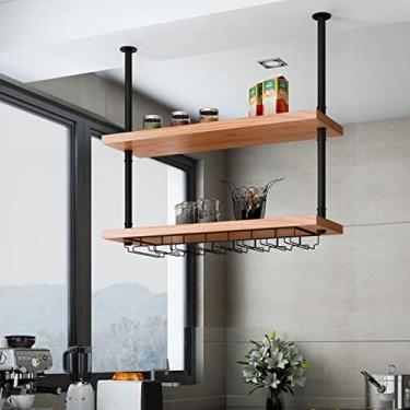 Imagem de Rack de vinho suspenso invertido – suporte de copo de vinho de teto, suporte de garrafa de tubo de água montado na parede, suporte flutuante de armazenamento de madeira maciça de ferro forjado/rack de