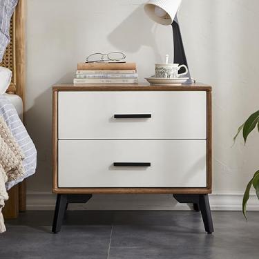 Imagem de Mesa de cabeceira, mesa de cabeceira moderna com pernas de madeira maciça, mesa de cabeceira, prateleira de armazenamento, móveis de quarto elegantes em cor de madeira rústica