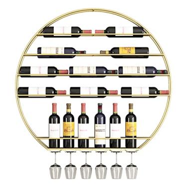 Imagem de Rack de vinho, suporte redondo para garrafa de vinho montado na parede | Prateleira de armazenamento de taças de vinho pendurada/prateleira decorativa para cozinha, bar, restaurante, marrom 75 cm × 80