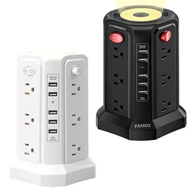 Imagem de Régua de alimentação de 2 peças com luz noturna, torre protetora contra surtos PASSUS com 12 tomadas e 5 portas USB, cabo de extensão de 3 metros, 1800 joules, preto e branco