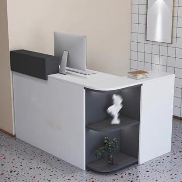 Imagem de Mesa de recepção com grande armazenamento, balcão frontal em forma de L para salão de beleza, cinza escuro, 140 cm