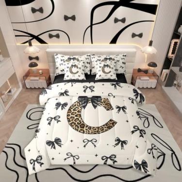 Imagem de Conjunto de cama queen com letra C com letra C, monograma de laço preto em uma bolsa, conjunto de cama de leopardo com laço feminino inclui edredom, conjunto de lençol, fronhas e fronhas, decoração de