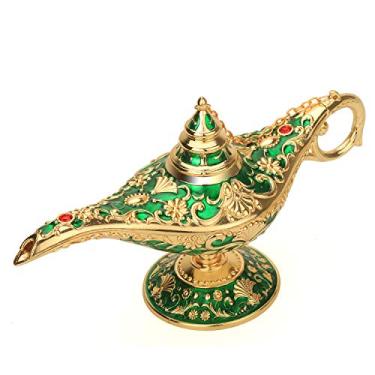 Imagem de Lâmpada mágica Aladdin Genie Lâmpada Legend Wishing Light Lâmpada de metal gravada incenso queimador para decoração de mesa casa festa de aniversário Halloween Natal (verde)