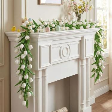 Imagem de XunYee 2 peças de guirlanda de tulipa artificial de 1,4 m, flores falsas de tulipa branca para decoração de Ação de Graças, guirlanda de primavera com folhas verdes para pendurar na parede, casa
