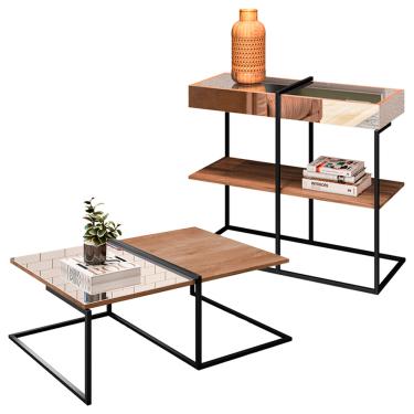 Imagem de Kit Mesa de Centro e Aparador Industrial com Espelho Boreal Demolição - D'Rossi