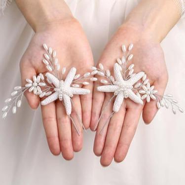 Imagem de Pinos de cabelo de noiva Brishow Bride Starfish com clipes de prata e pérola para noivas, acessórios para mulheres e meninas (2 peças)