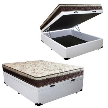 Imagem de Cama Box Baú Casal Blindado Corino + Colchão Casal Espuma Extra Firme D33 Elegance Ortopédico 72x138x188 Branco