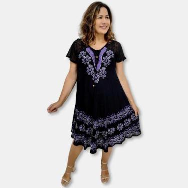 Imagem de Vestido Trapézio Manga Curta Batik Bordado Plus Size cordão - Sarat Mo