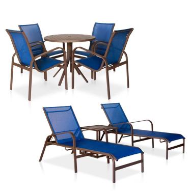 Imagem de Conjunto 1 Mesa + 4 Cadeiras + 2 Espreguiçadeiras + 1 Mesinha De Centro - Marrom Com Tela Azul