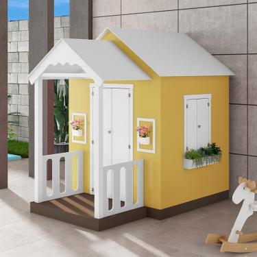 Imagem de Casinha de Brinquedo com Varanda e Cerca Artesanal L12 Branco e Amarelo em MDF Criança Feliz