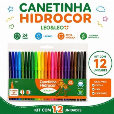 Imagem de Canetinha Hidrocor Leo&Leo 24 Cores Kit com 12 Estojos Lavável Escolar