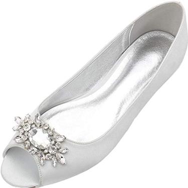 Imagem de Sapato de casamento feminino peep toe strass sem salto para noivas dama de honra, Prata, 7.5