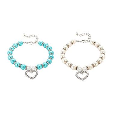 Imagem de Colar de coleira para gato e cachorro 2 peças colar de pérolas coleira para animais de estimação com pingente, tamanho pequeno e médio gato e cachorro ajustável suprimentos para foto de animais de estimação