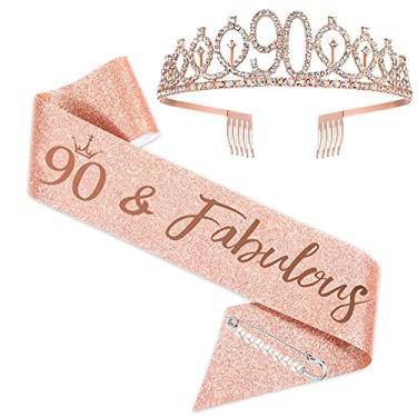 Imagem de Faixa e tiara de aniversário de 90 anos para mulheres, faixa de aniversário de ouro rosa, coroa de 90 anos e faixa fabulosa e tiara para mulheres, presentes de aniversário de 90 anos