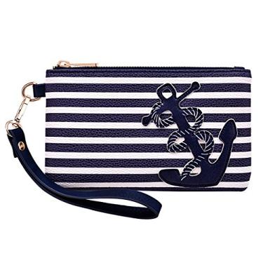 Imagem de inOne Bolsa com âncora náutica de poliuretano, 21,5 x 12,7 cm, bolsa de mão com zíper, Azul marinho, One Size