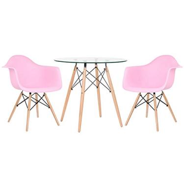Imagem de Loft7, Mesa redonda Eames com tampo de vidro 80 cm + 2 cadeiras Eiffel DAW Rosa claro