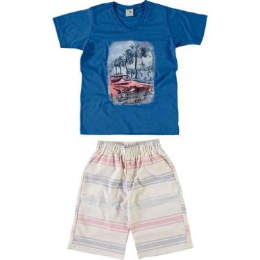 Imagem de Conjunto Infantil Malwee Camiseta Manga Curta e Bermuda - Em Cotton e Sarja 100% Algodão - Azul e Bege