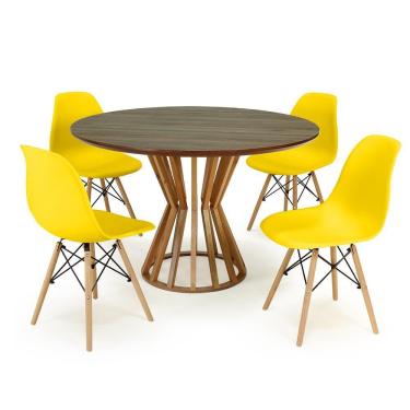 Imagem de Conjunto Mesa de Jantar Redonda Cecília Amadeirada Natural 120cm com 4 Cadeiras Eames Eiffel - Amarelo
