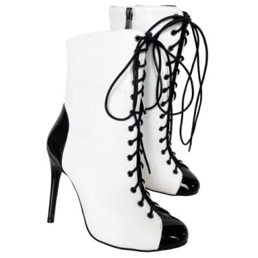 Imagem de Frankie Hsu Bota de salto alto stiletto preto branco patente moda confortável tamanho grande cadarço bota curta tornozelo para mulheres homens, Branco, 17