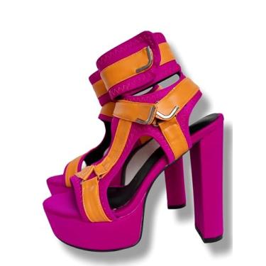 Imagem de Frankie Hsu Sandálias femininas de salto alto com plataforma de bloco grosso, material elástico laranja rosa, tamanho grande EUA 4-19 sapatos para mulheres e homens, rosa, 10.5