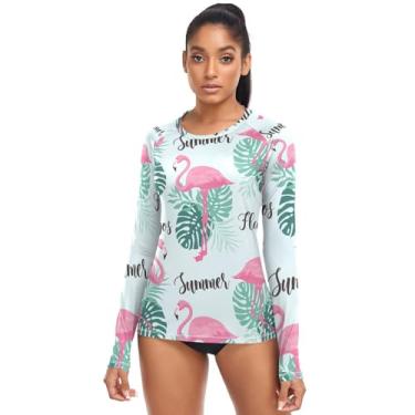 Imagem de Camisa de natação feminina Flamingo Hope Palm Tropical, camiseta de corrida Rash Guard de secagem rápida, Flamingo Hope Palm Tropical, P