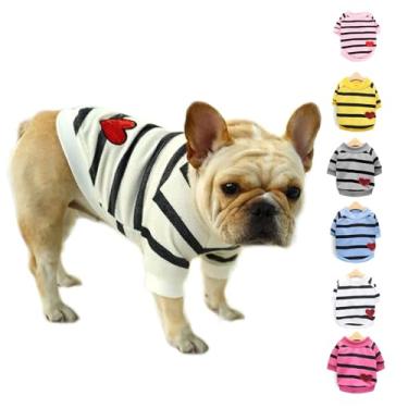 Imagem de SMALLLEE_LUCKY_STORE Camiseta listrada buldogue francês para cães pequenos e médios com coração vermelho brilhante, roupas de verão Frenchie Pug Boston Terrier, bege, M