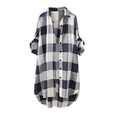 Imagem de Camiseta feminina de inverno outono gola alta chiffon caimento solto cardigã xadrez longo camisa feminina 2024, Q-967 Azul royal, XG