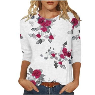 Imagem de Blusa feminina de manga 3/4 para sair com estampa de flores, camisetas soltas, gola redonda, confortável, leve, rosa, G