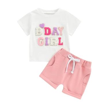 Imagem de Gureui Camiseta infantil de aniversário para meninos e meninas, shorts infantis, roupas de verão, C Pink Birthday Girl, 3-4 Anos