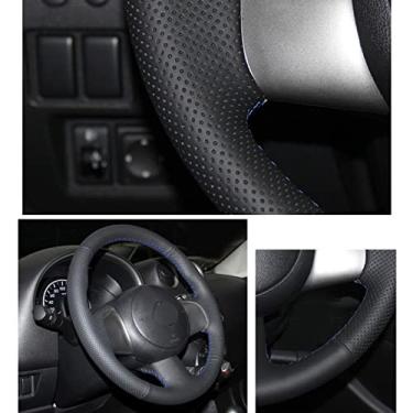 Imagem de OZEQO Capas de volante de carro costuradas à mão em couro preto, adequadas para Nissan March 2010-2015 Sunny 2011-2013 Versa 2012-2014