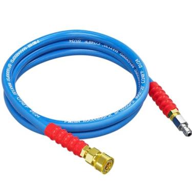 Imagem de POHIR Mangueira de lavadora de pressão de 3 m, 4800 psi, sem marcação, com extremidades de conexão rápida e adaptadores para água quente e fria de até 120 °C, mangueira trançada de fio de aço para