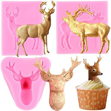 Imagem de RFGHAC Molde de silicone de veado de Natal 3D moldes de fondant de cabeça de veado molde de alce para decoração de bolo de Natal topo de cupcake chocolate doce polímero argila goma pasta conjunto de 3