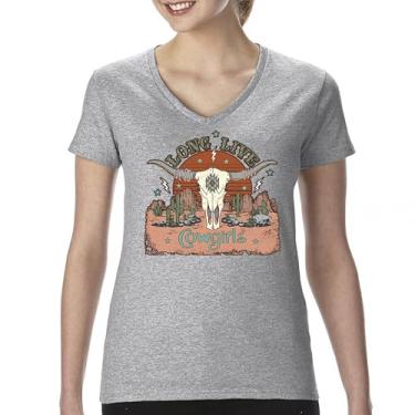 Imagem de Camiseta feminina Long Live Cowgirl gola V Vintage Country Girl Western Rodeo Ranch Blessed and Lucky American Southwest, Cinza, XXG