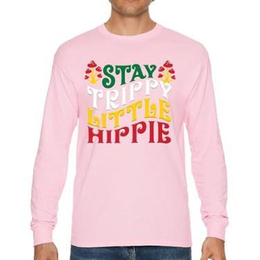Imagem de Camiseta de manga comprida com estampa "Stay Trippy Little Hippie" Hippies Vintage Peace Love Happiness Retro 70s Cogumelos, Rosa choque, M