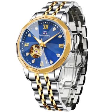 Imagem de FORSINING Relógio mecânico automático, relógio esqueleto com design de mostrador azul dourado automático, turbilhão mecânico moderno, relógio masculino, vestido de dia, presente para homens, Azul -