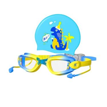 Imagem de Kit Óculos Natação Infantil Com Touca Impermeável Estojo Menino Menina Crianças Piscina Profissional Anti Embaçante Proteção UV Azul Rosa Lilás Desenhos Unicórnio Jacaré (Azul e Amarelo)