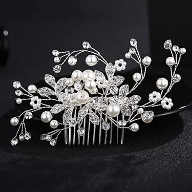 Imagem de Pente lateral de cabelo nupcial, clipe de casamento de cristal de strass de pérola sinide, folhas feitas à mão, pente de noiva, prendedor de cabelo prateado para mulheres, casamento, presilha de