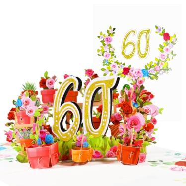 Imagem de CNLITIHEKA Cartão de aniversário de 60 anos pop up cartões de aniversário de 60 anos feliz cartão de aniversário de 60 anos 3D flores cartões de aniversário para homens mulheres marido esposa mãe pai